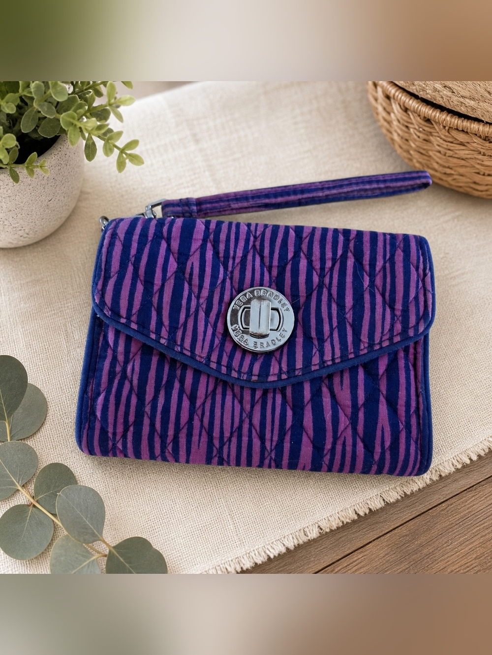 Vera Bradley Quilted Wristlet Wallet Purple Pink EUC Silver Hardware